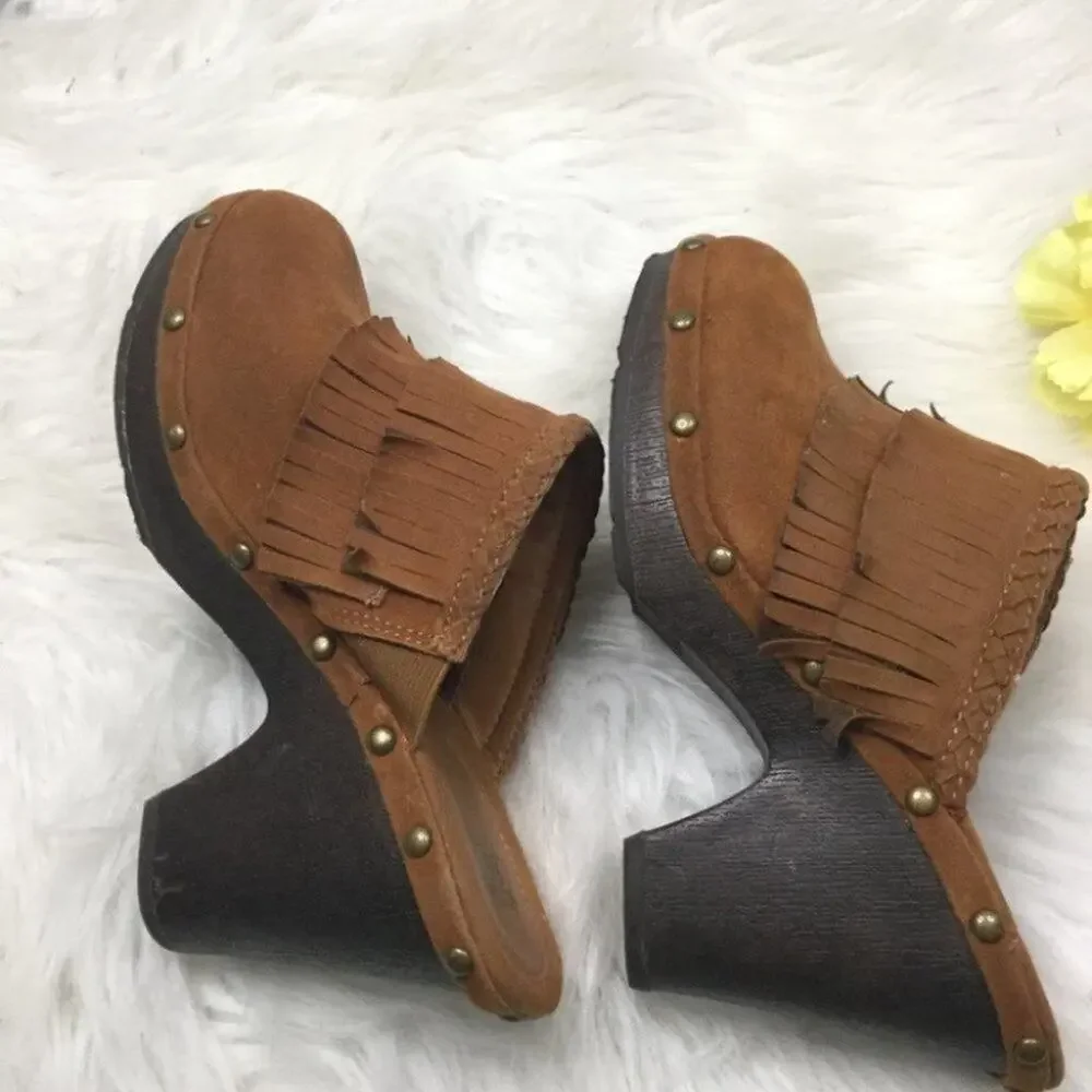 ROUTE 66 Casual Fringe Slip On Mules Brown Boho - Picture 11 of 13